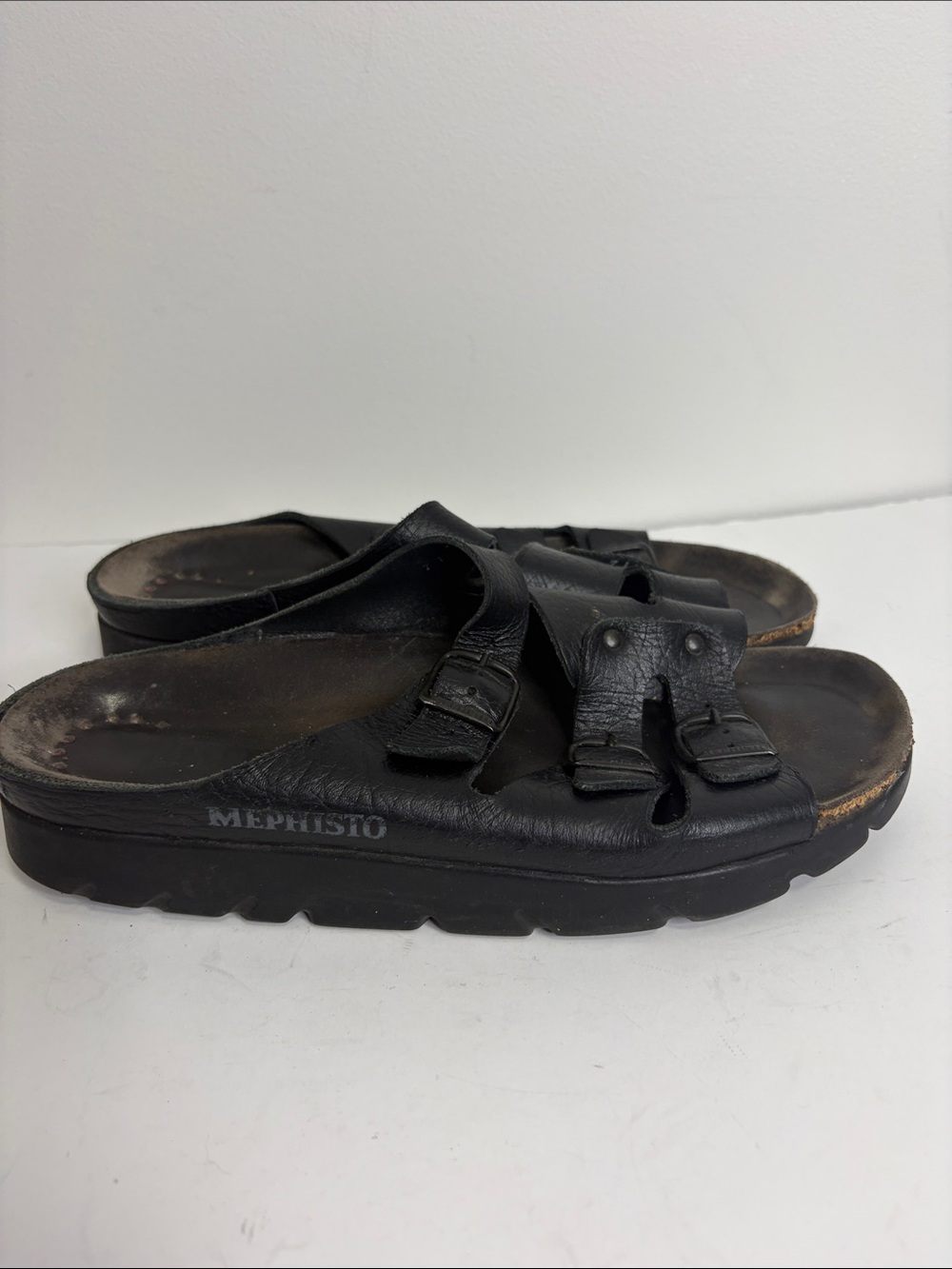 Mephisto Zach Sandals Mens 45 US 11 Black Leather Comfy Three Strap Cork